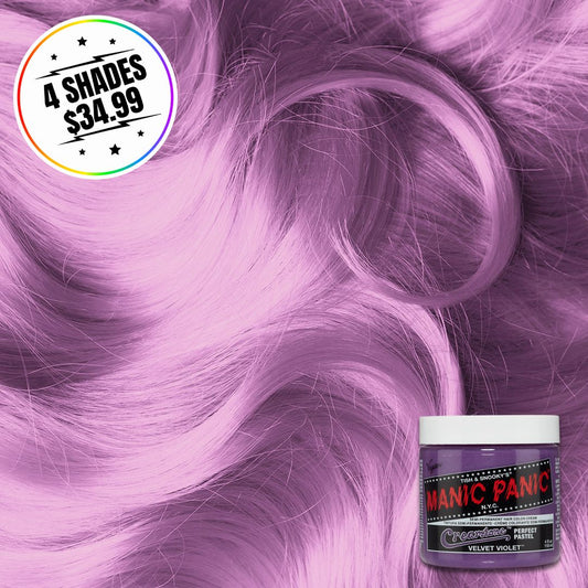 A jar of hair color with a hair swatch background. Sticker states buy 4 shades for $34.99