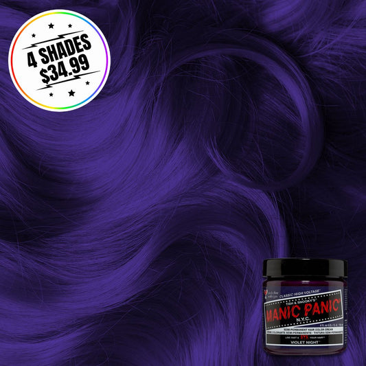 A jar of hair color with a hair swatch background. Sticker states buy 4 shades for $34.99