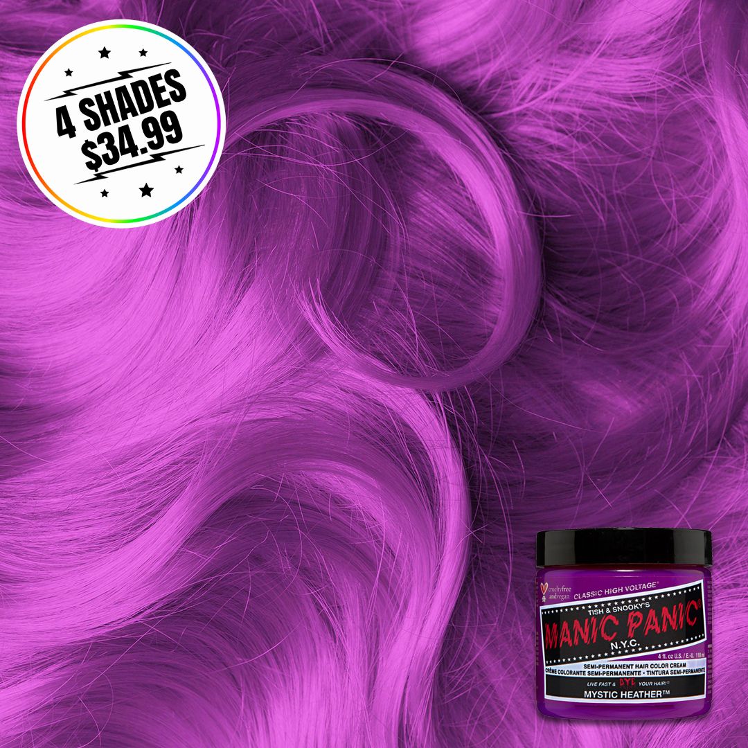 A jar of hair color with a hair swatch background. Sticker states buy 4 shades for $34.99