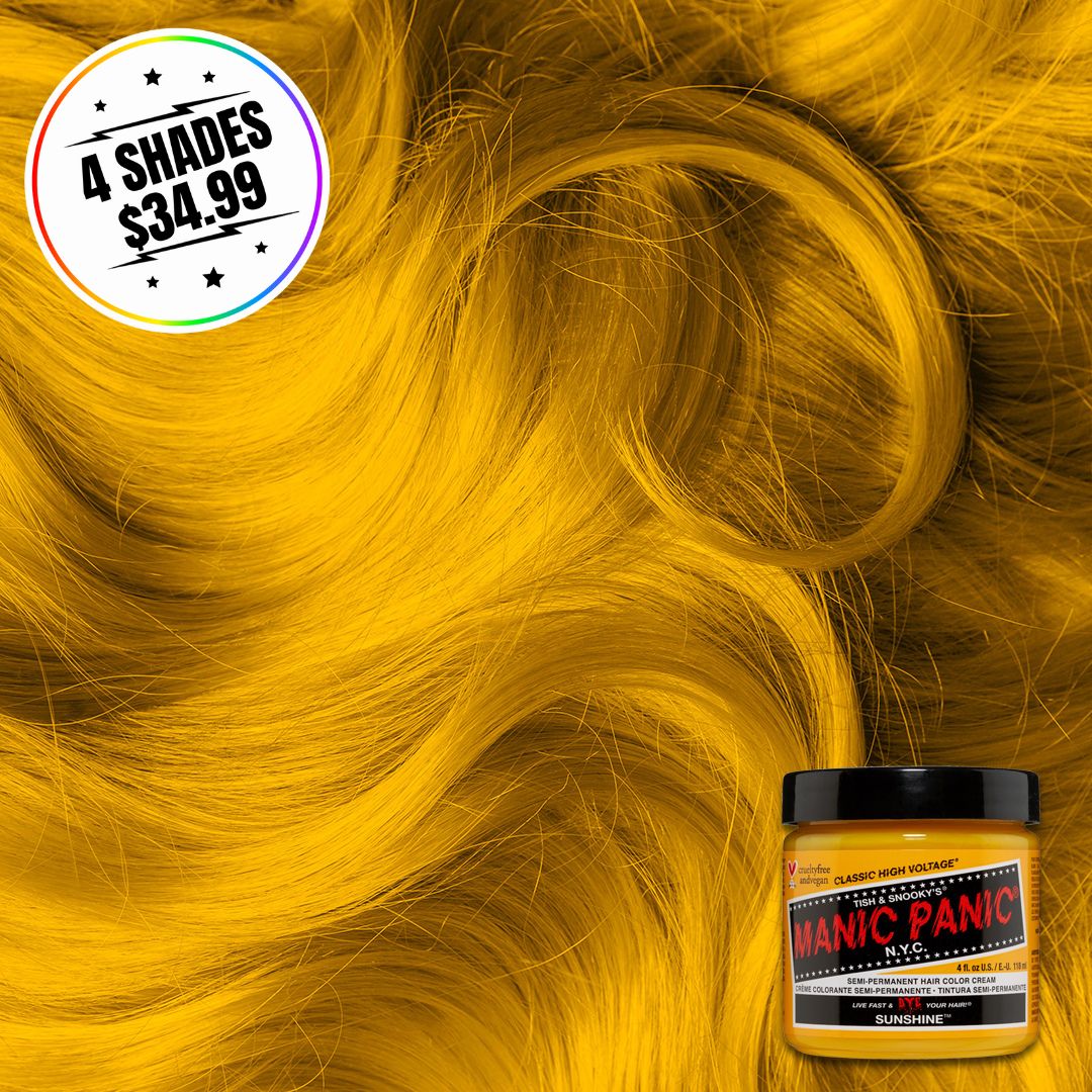 A jar of hair color with a hair swatch background. Sticker states buy 4 shades for $34.99