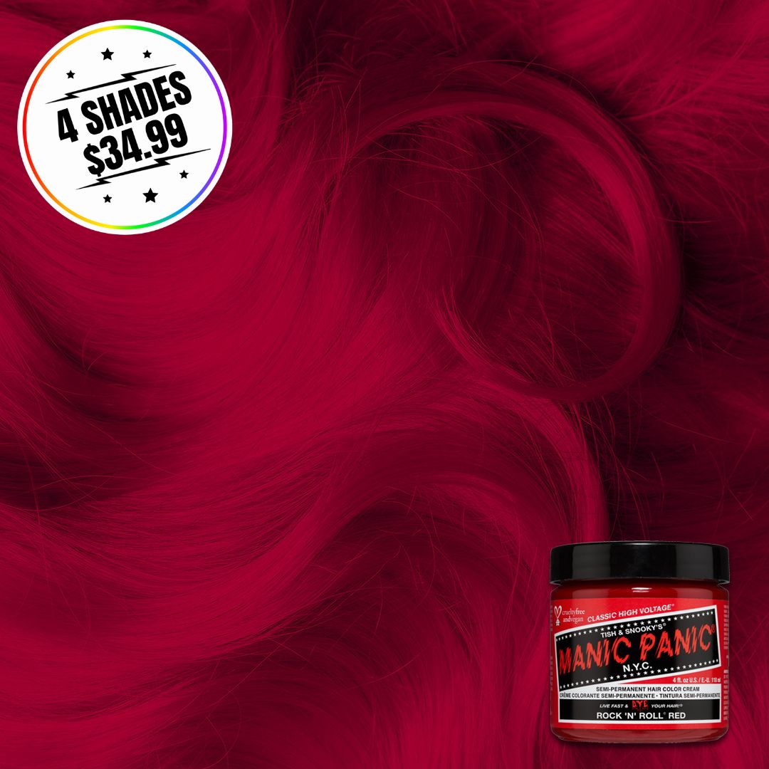 A jar of hair color with a hair swatch background. Sticker states buy 4 shades for $34.99