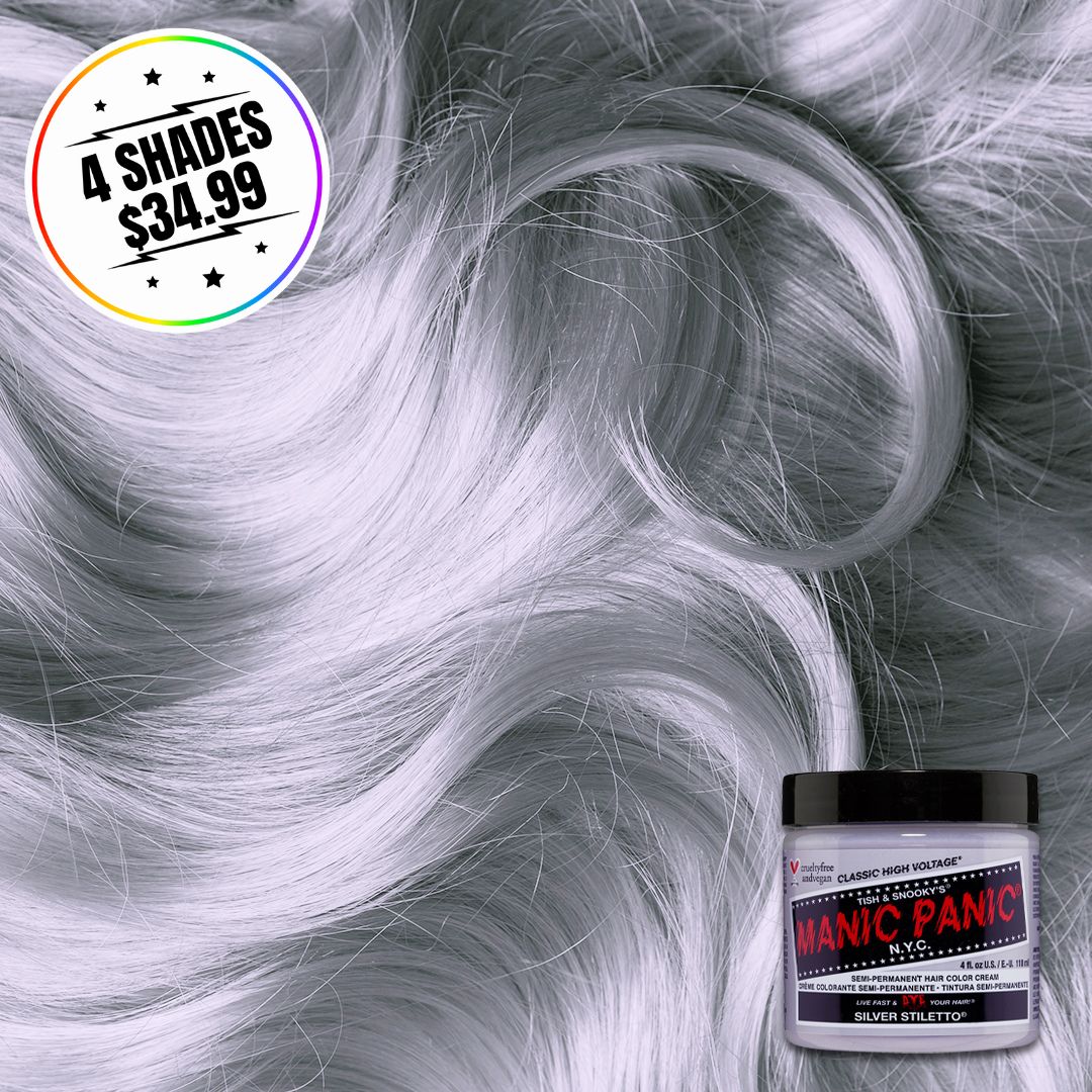 A jar of hair color with a hair swatch background. Sticker states buy 4 shades for $34.99