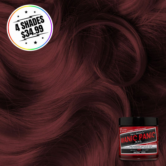 A jar of hair color with a hair swatch background. Sticker states buy 4 shades for $34.99