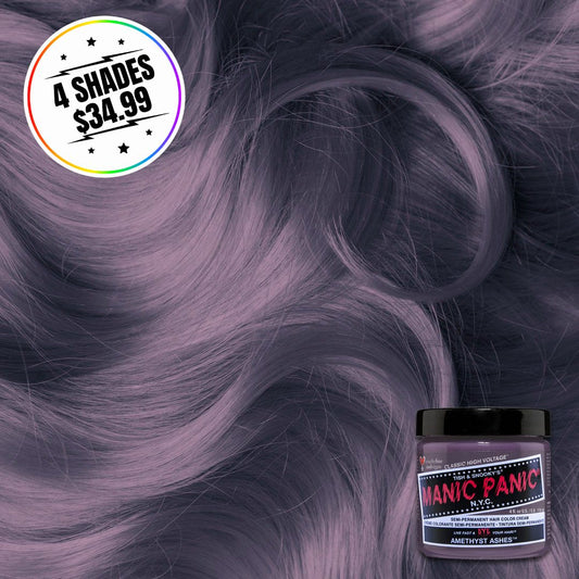 A jar of hair color with a hair swatch background. Sticker states buy 4 shades for $34.99