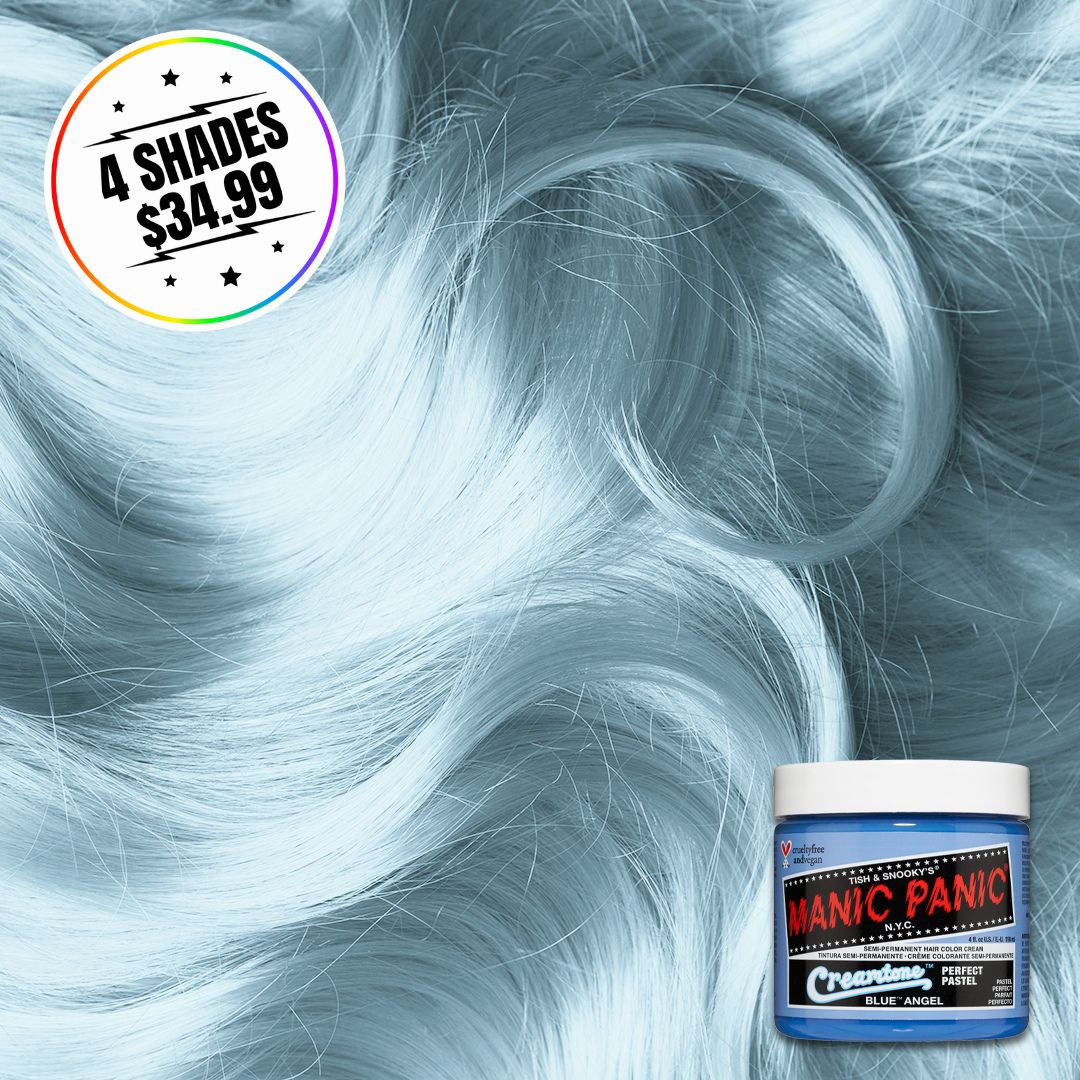 A jar of hair color with a hair swatch background. Sticker states buy 4 shades for $34.99